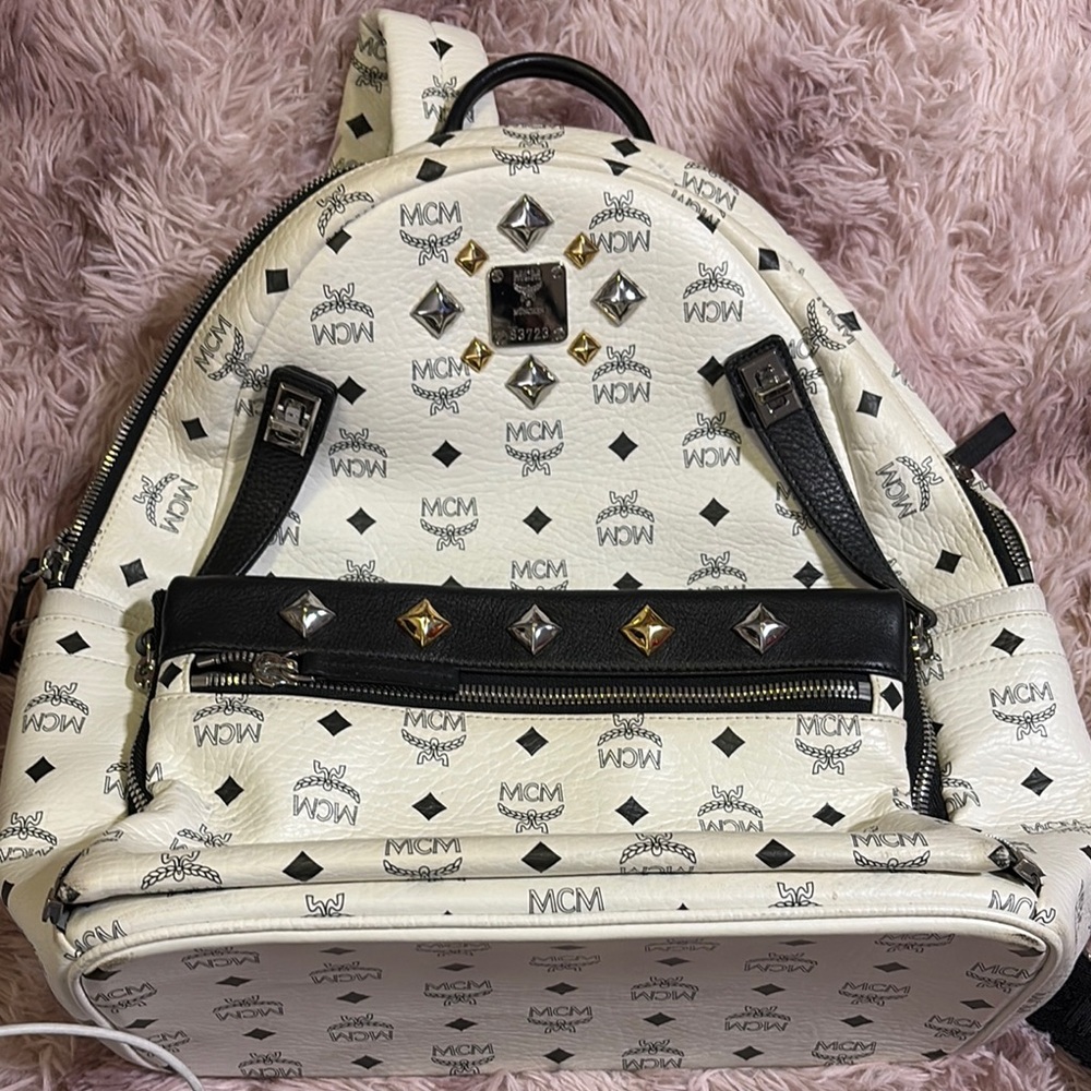 MCM Monogrammed White and Black Backpack with Metallic Studs
